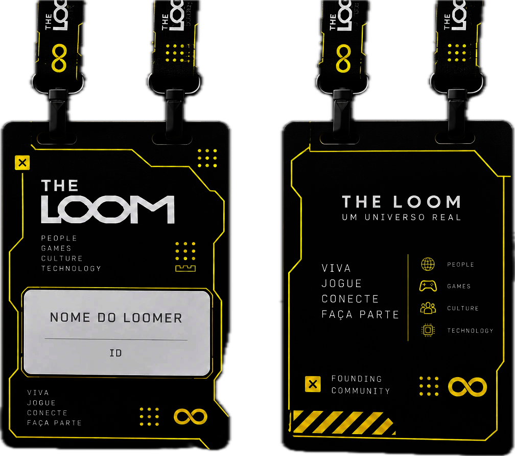 Credencial Founder, frente com nome do Loomer e ID, verso com Founding Community